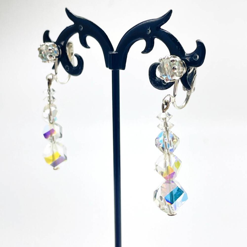 Vintage Dangle Earrings AB Aurora Borealis Clip On Silver Tone Faceted Beads